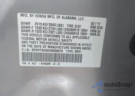 2017 Honda Pilot Ex-L from USA, damaged, VIN 5FNYF5H5XHB008070